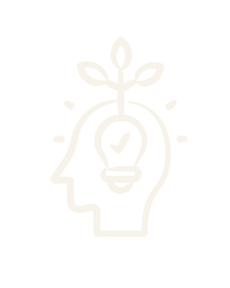 A graphic of a human head outline with a light bulb inside and a plant sprouting from the top, symbolizing ideas or growth.
