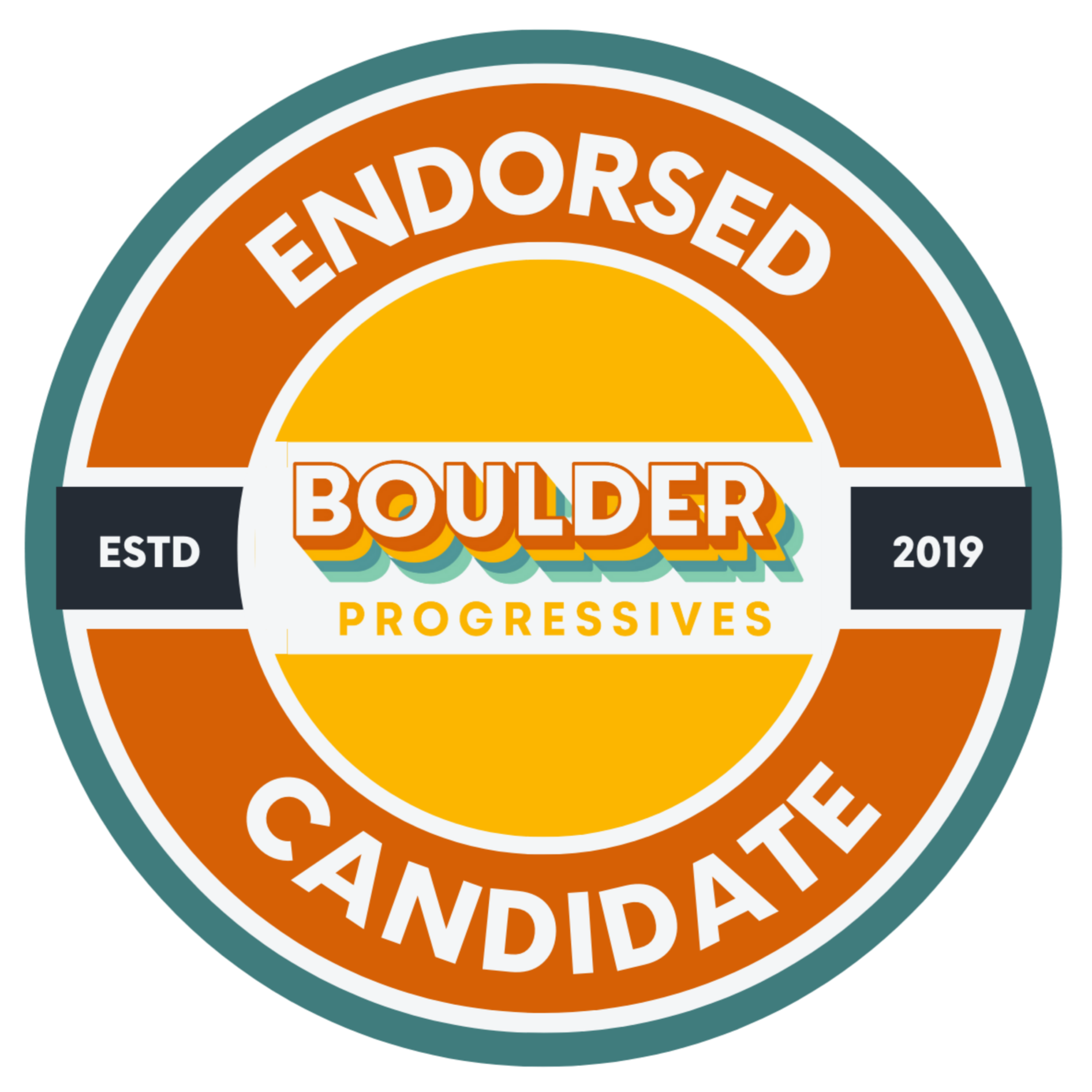 Close-up of a circular sticker with the text 'Endorsed Boulder Progressive' and the establishment year 2019, featuring a color scheme of orange, yellow, black, white, and teal.