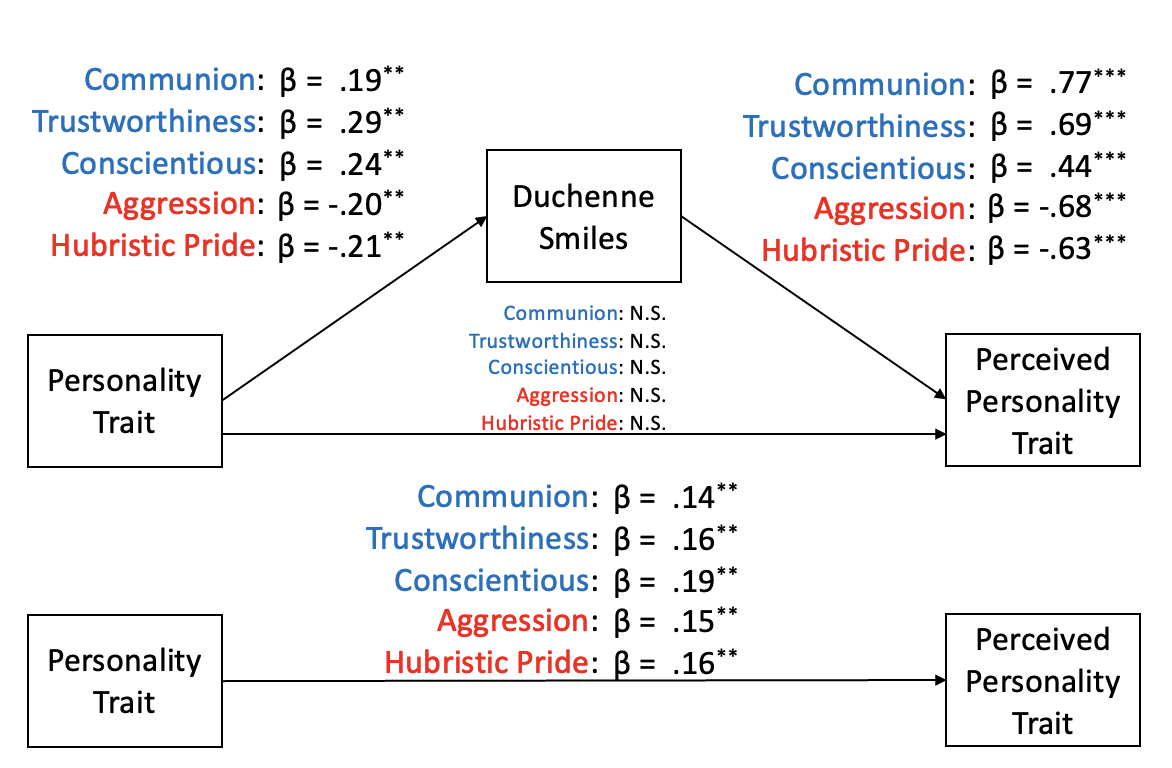 Diagram showing personality traits and their correlations with perceived personality traits, with effect sizes and significance levels. It highlights the traits of communion, trustworthiness, conscientiousness, aggression, and hubristic pride.