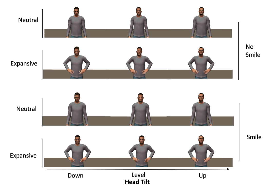 A diagram showing different facial expressions based on head tilt and mouth position, ranging from neutral and no smile to expressive with a smile, with axes labeled for head tilt (down, level, up) and mouth expression (no smile, smile).