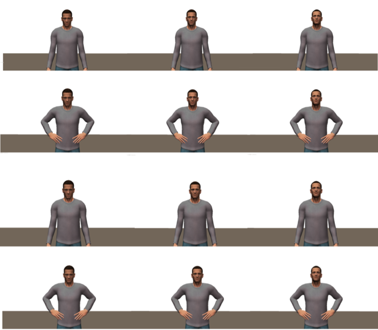 A grid of nine digital images of a man in a gray shirt standing with hands on hips, with slight variations in pose and angle, against a plain background.
