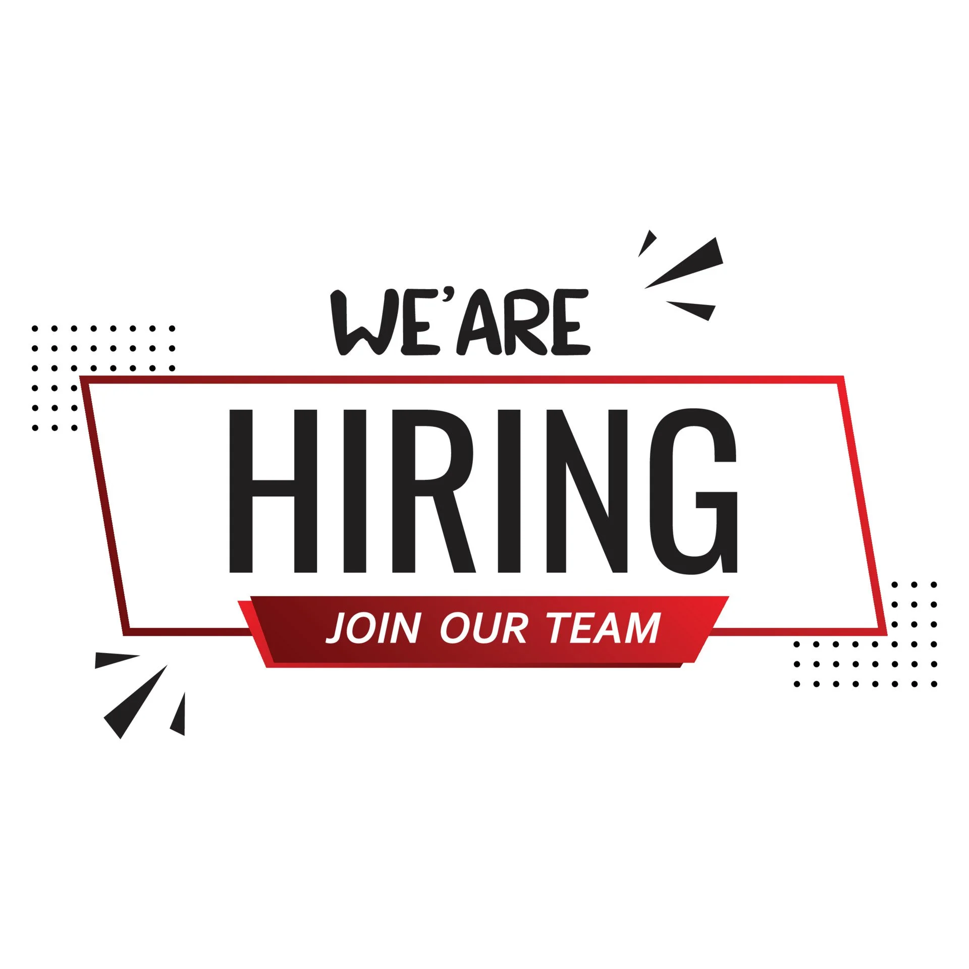 A digital graphic design featuring the words 'WE'RE HIRING' with a red banner that reads 'JOIN OUR TEAM,' surrounded by decorative elements such as black dotted patterns, black rays, and geometric shapes on a white background.