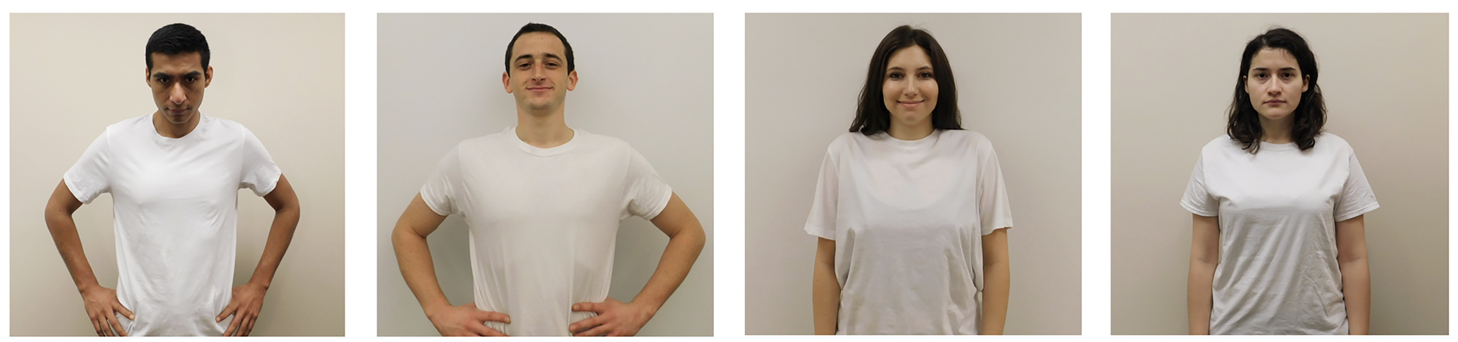 Four people standing in a line against plain walls, each wearing a white t-shirt. The first is a man with short dark hair, scoring with a serious expression. The second is a man with short dark hair, smiling confidently. The third is a woman with long dark hair, smiling gently. The fourth is a woman with wavy dark hair, looking neutral.