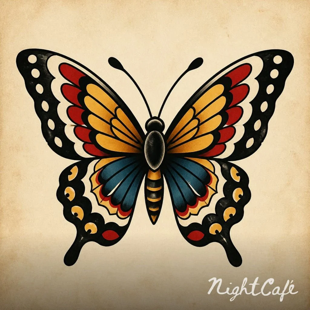 Colorful butterfly with black, yellow, red, and blue wings, and the words NightCafe in white cursive font.