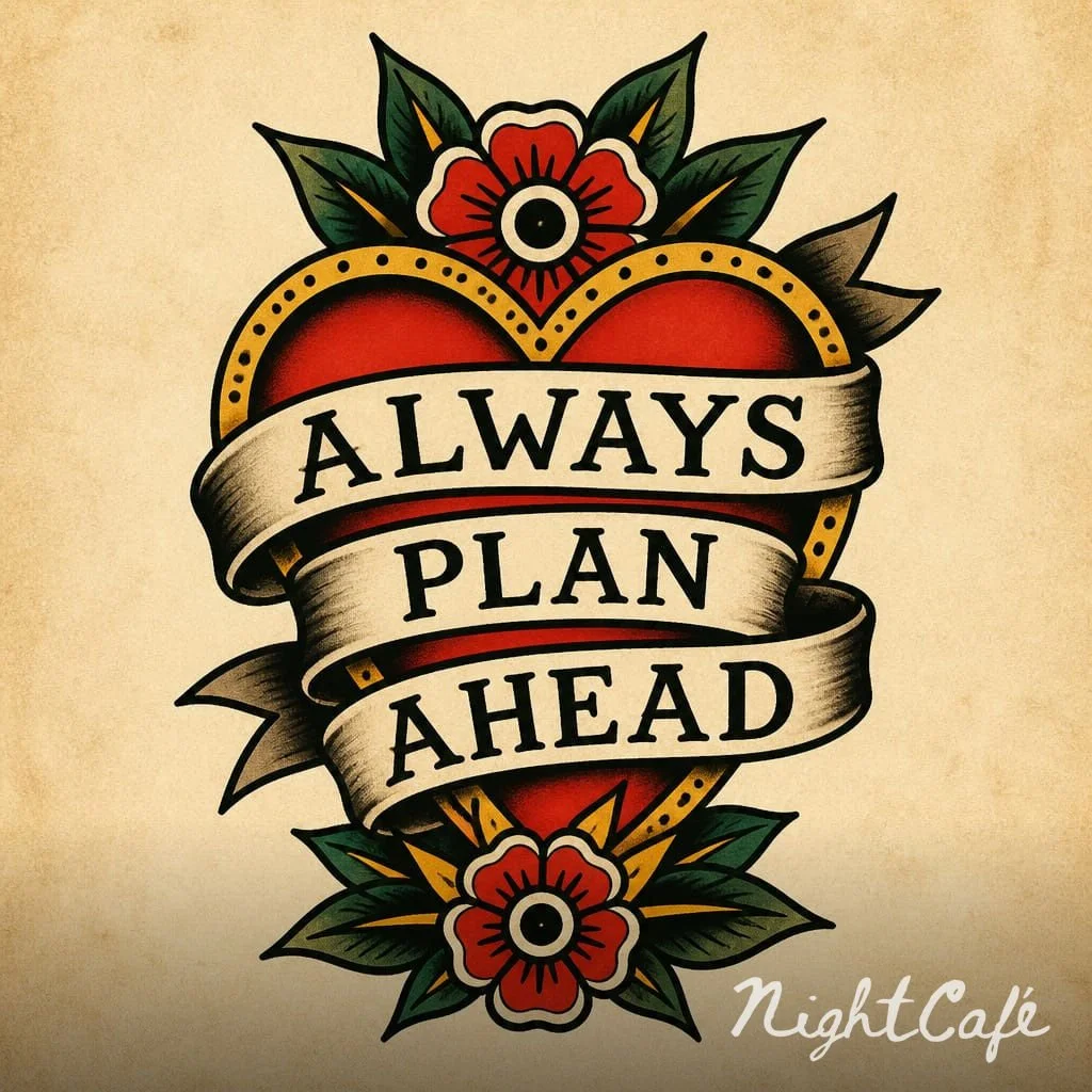 A tattoo-style design of a heart with flowers and leaves, with the words "Always Plan Ahead" on a ribbon across the heart. In the bottom right corner, it says "NightCafe."