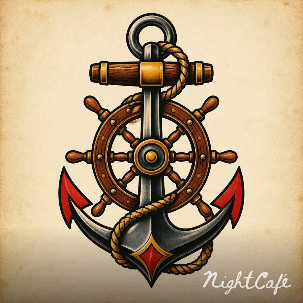Tattoo of an anchor with a ship's steering wheel and rope, with