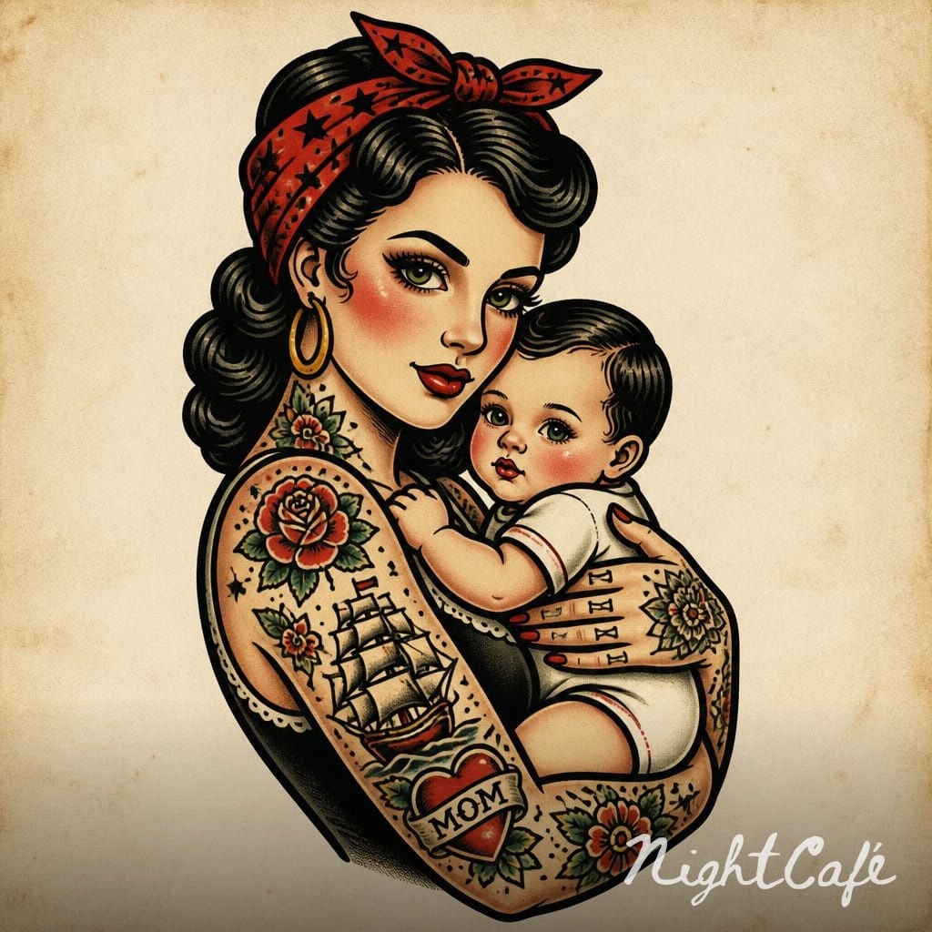 Illustration of a woman with tattoos holding a baby, both with vintage hairstyle and makeup, featuring tattoos of flowers, a sailing ship, and a heart with 'Mom' written inside.
