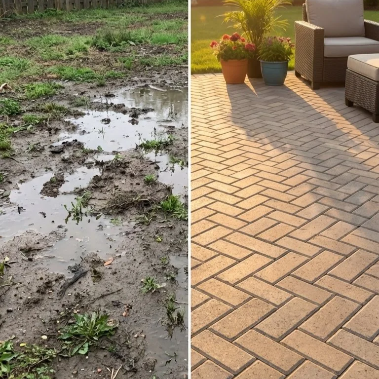 Comparison of muddy, waterlogged ground on the left with a clean, newly paved brick patio on the right, under sunlight with potted plants.
