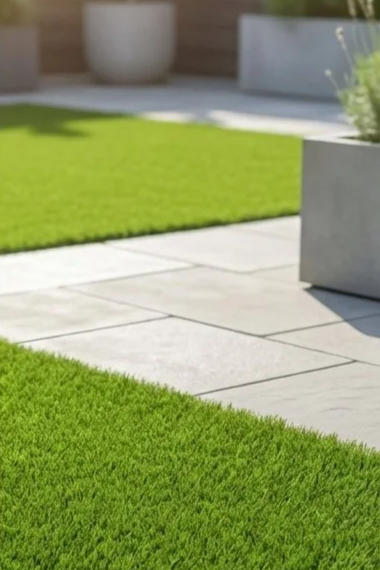 Modern outdoor patio with large square concrete tiles and bright green artificial grass, with some potted plants.