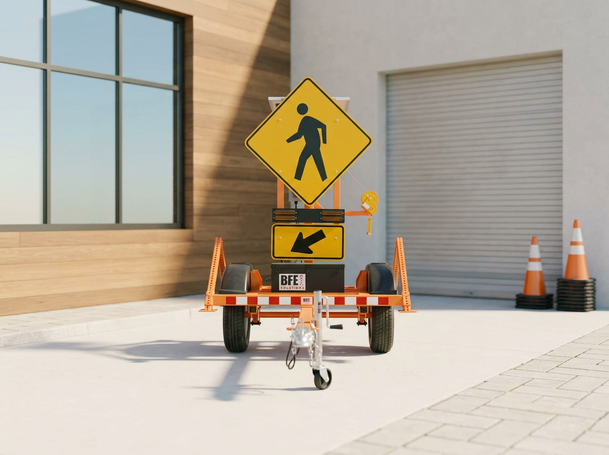 A construction road work warning trailer with a pedestrian crossing sign and an arrow sign, parked in front of a building with large windows and a closed garage door, with orange traffic cones nearby.