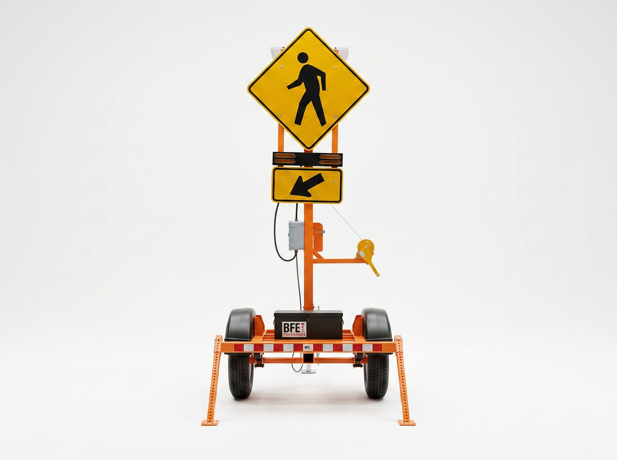 Portable warning sign trailer with a yellow pedestrian crossing sign and a yellow left arrow sign, set against a white background.