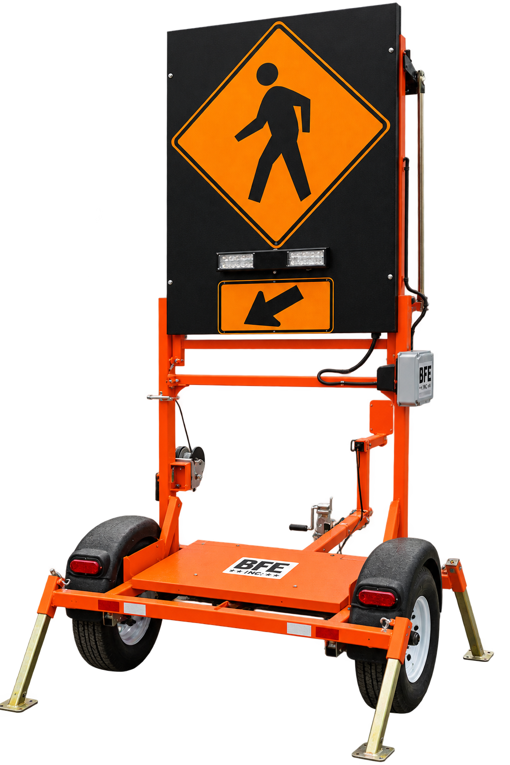 A portable construction warning sign with a large arrow pointing to the left, an RRFB Light, and a pedestrian crossing symbol above, mounted on an orange trailer with stabilizing legs.