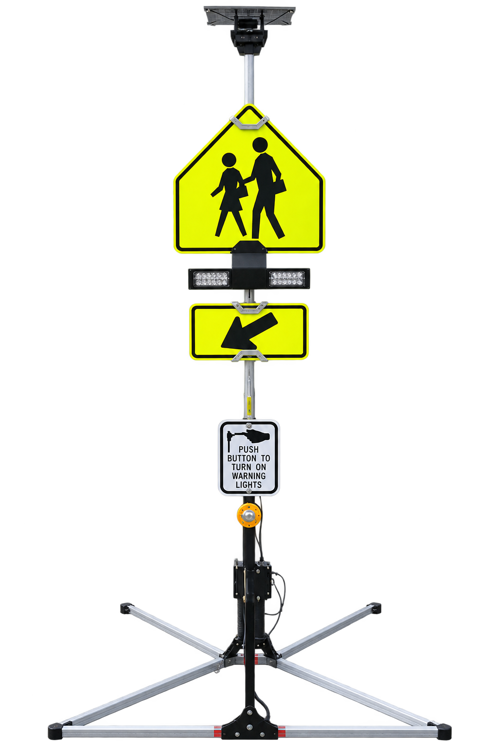 Pedestrian crosswalk sign with a selection of available signs types containing a pedestrian x-ing, left arrow and push button sign.  Mounts on a collapsible stand with RRFB lights and a button.