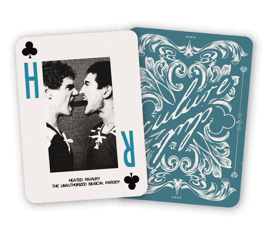 Playing cards with a black-and-white photo of two men facing each other and shouting, labeled 'Heated Rivalry,' with a decorative back design.