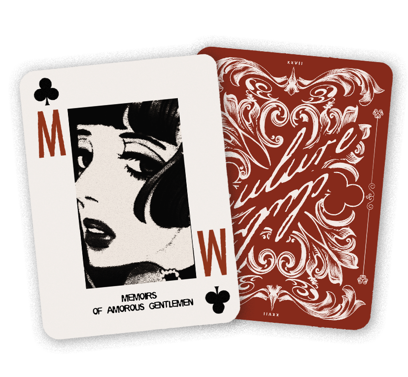 An illustration of a playing card, the Queen of Clubs, featuring an art deco style portrait of a woman with dark hair and bold makeup, and the text 'Memoirs of Amorous Gentlemen' underneath. Behind it, there is a decorative red card with white ornate design and stylized text.