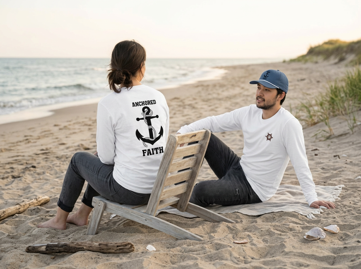 A man and woman sitting on a beach, facing each other and talking. The woman wears a white sweatshirt with an anchor design and the words "Anchored in Faith" on the back. The man wears a white shirt and a blue cap, with seashells in the foreground.