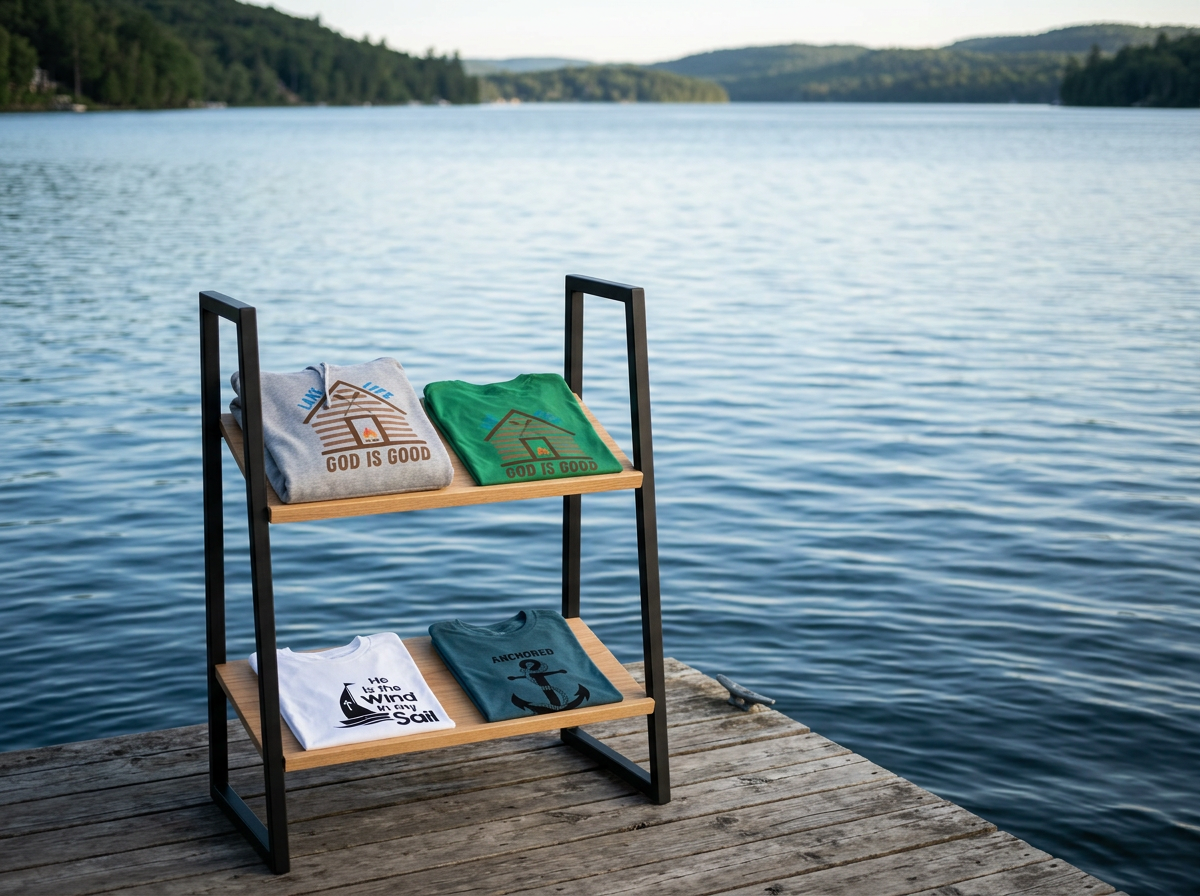 A black and wooden shelf displaying five folded t-shirts with various nautical and faith-themed designs, placed on a wooden dock by a calm lake with forested hills in the background.