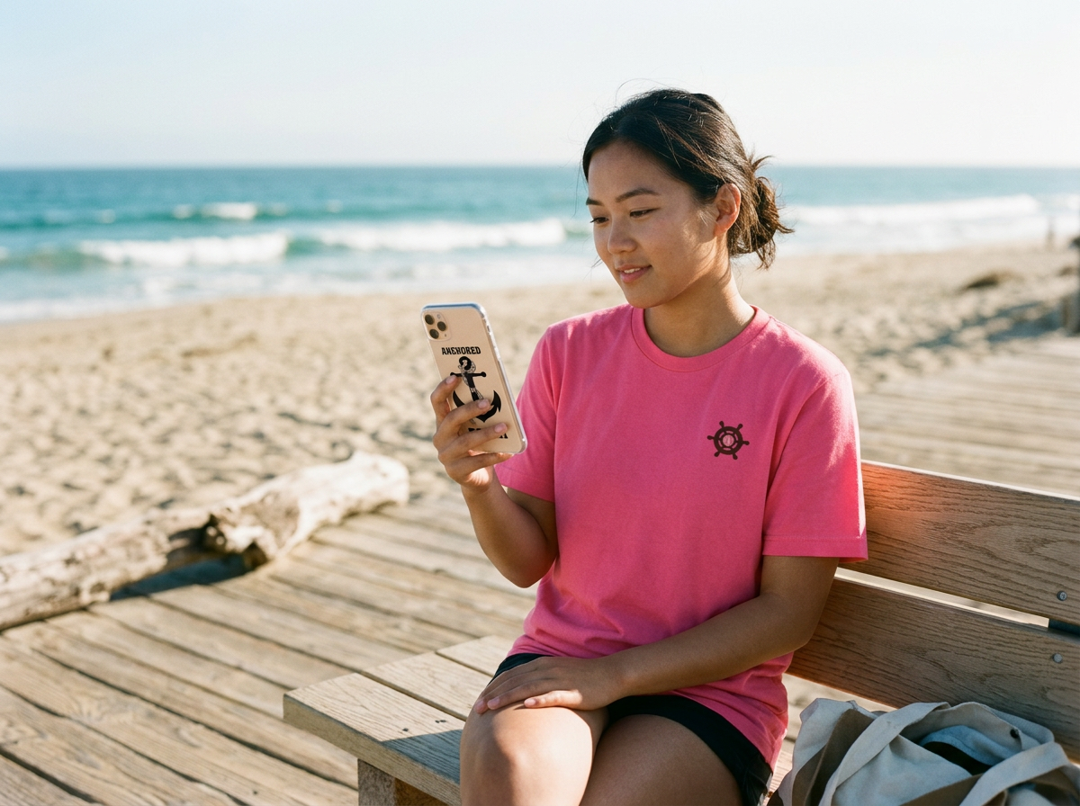 A young woman in a pink T-shirt sitting on a wooden bench on a beach, looking at her smartphone with an anchor sticker on the phone case.