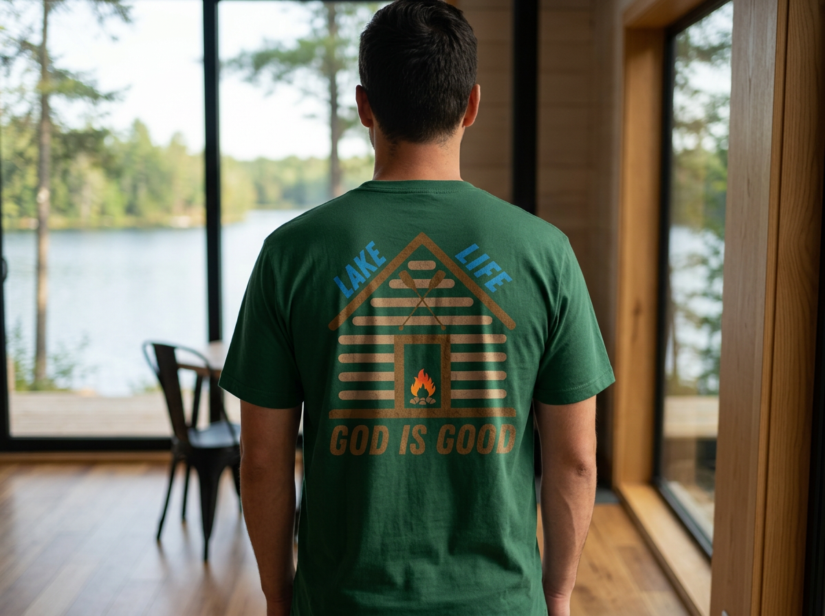 A man is standing indoors facing a large window overlooking a lake and trees, wearing a green T-shirt with a graphic of a cabin, campfire, and the words 'Lake Life, God is Good'.