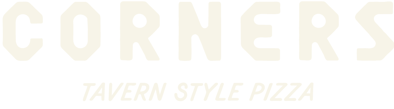 Logo for Corner's Tavern Style Pizza with large white text and a black background.