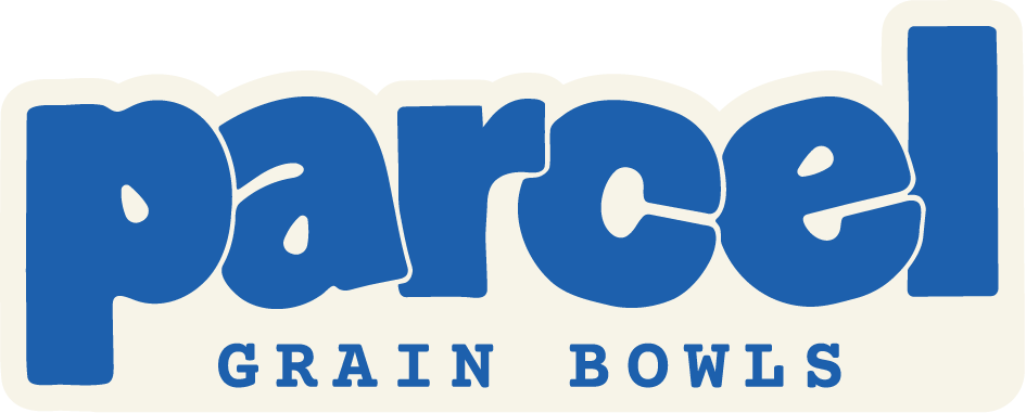 Parcel Grain Bowls logo in blue text on a white background.
