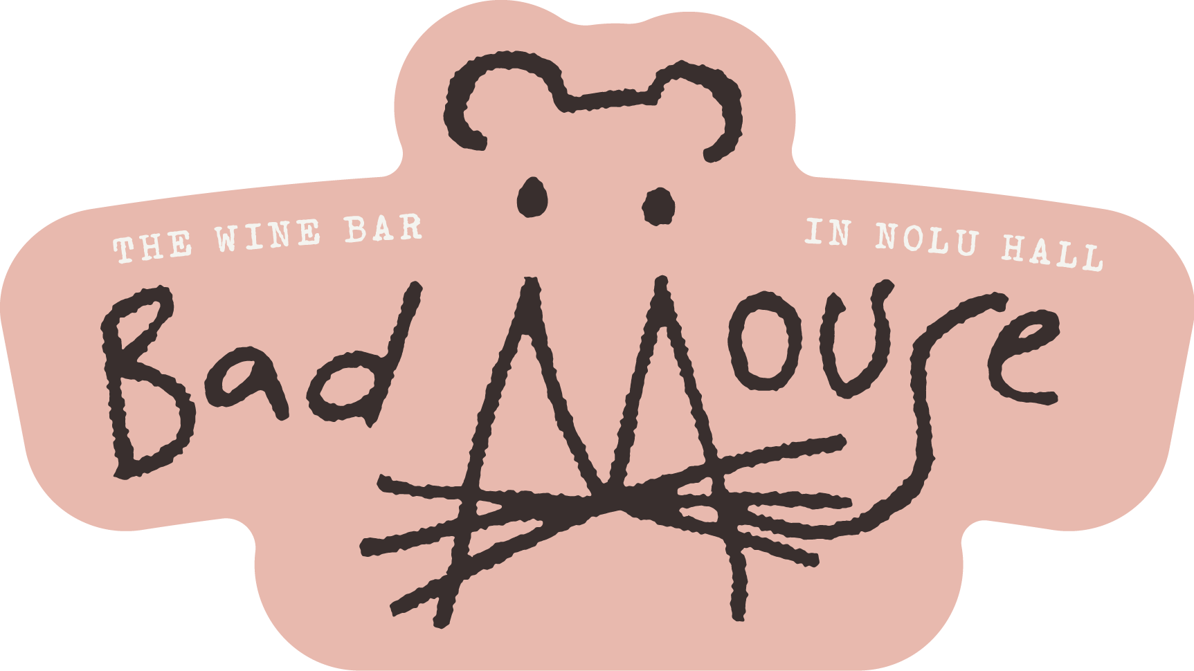 Logo for Rad Mouse, a wine bar in Nolu Hall, featuring a pink background, a black mouse head silhouette, and playful handwritten-style text.
