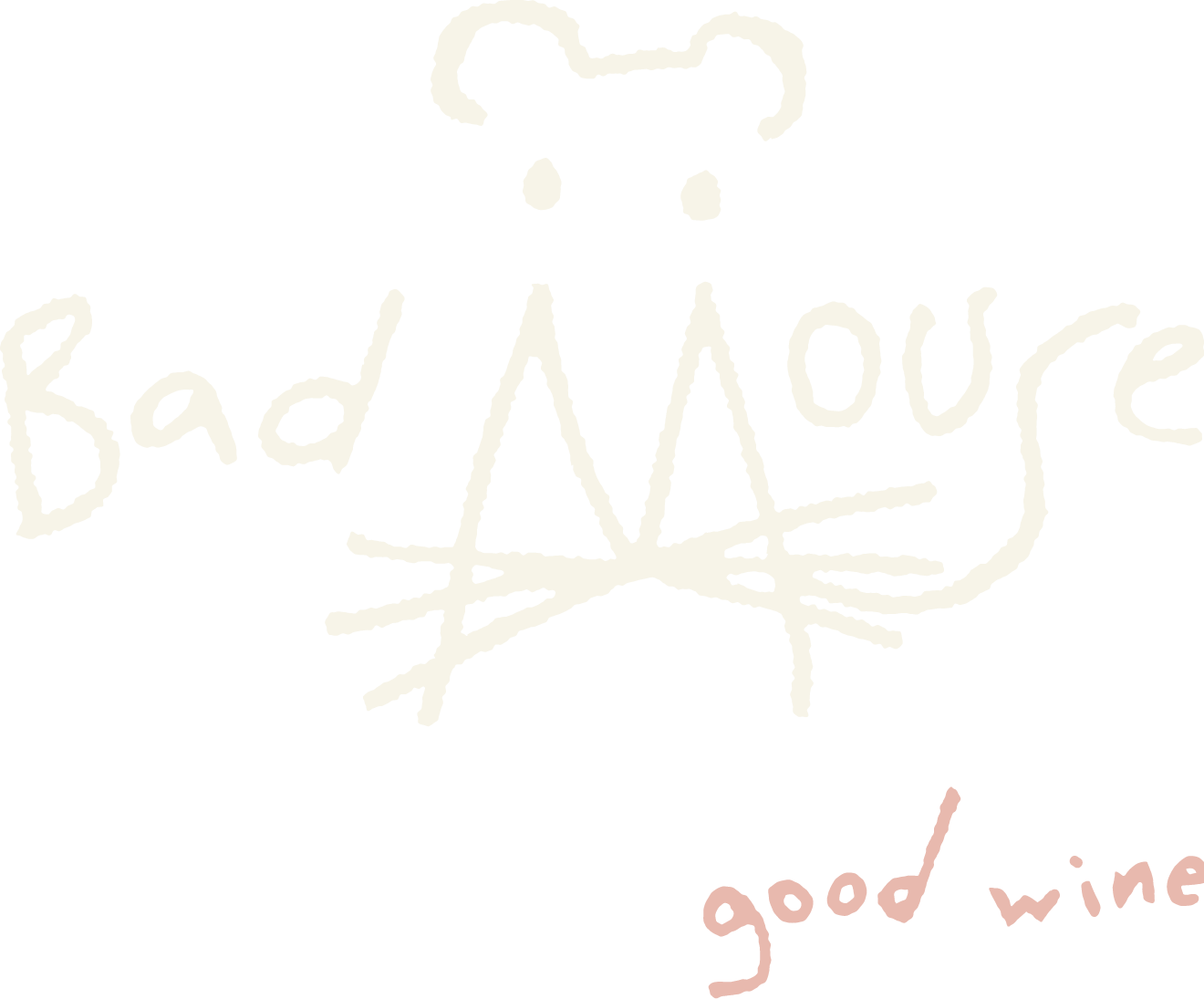 A hand-drawn illustration of a mouse face with the words 'Bad Mouse' written around it and 'good wine' written below.