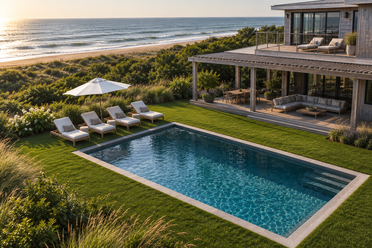 Luxury house with a swimming pool surrounded by a lush green lawn, multiple lounge chairs with a white umbrella, and an ocean view in the background.