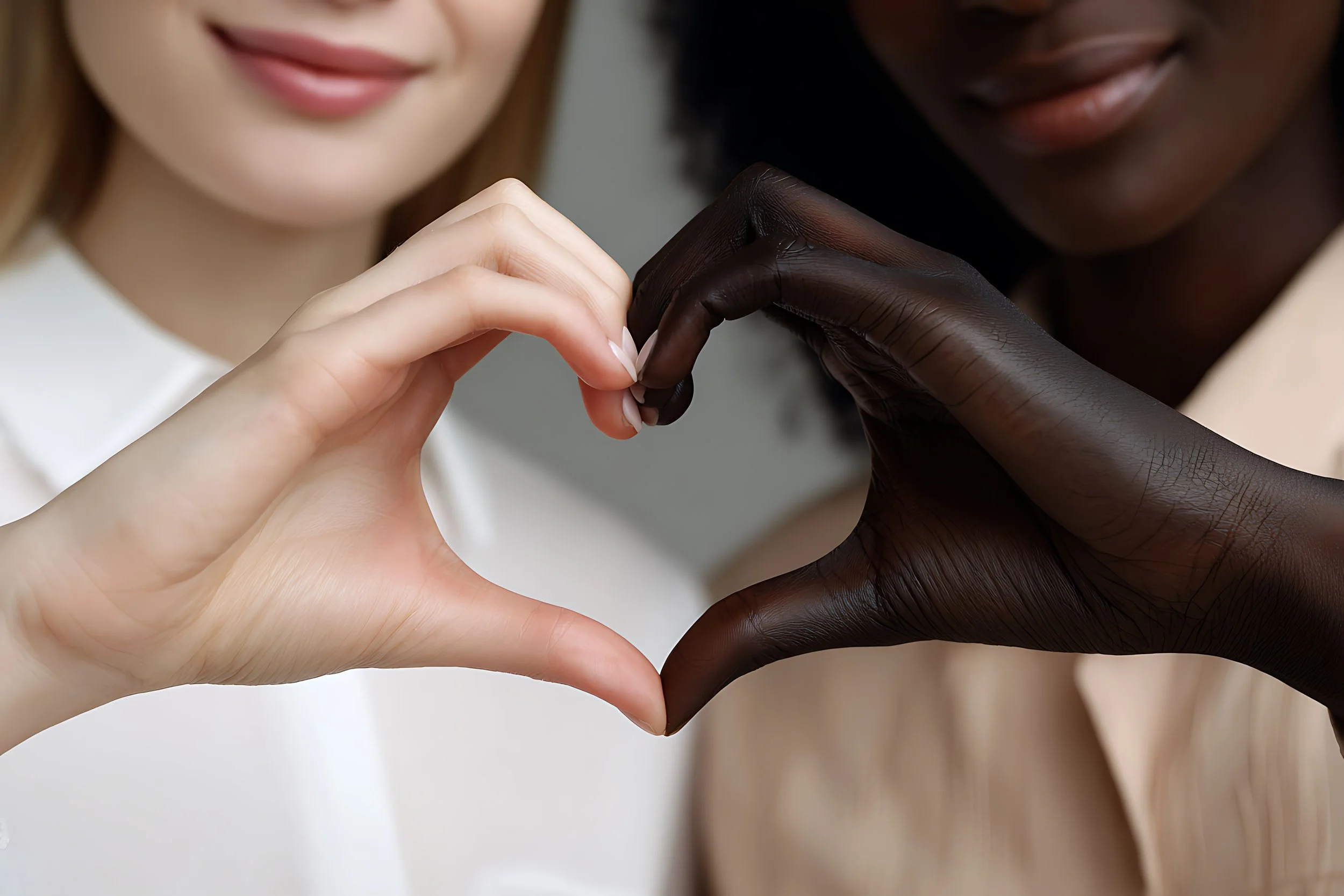 Two women, one with light skin and blonde hair, the other with dark skin and dark curly hair, forming a heart shape with their hands.