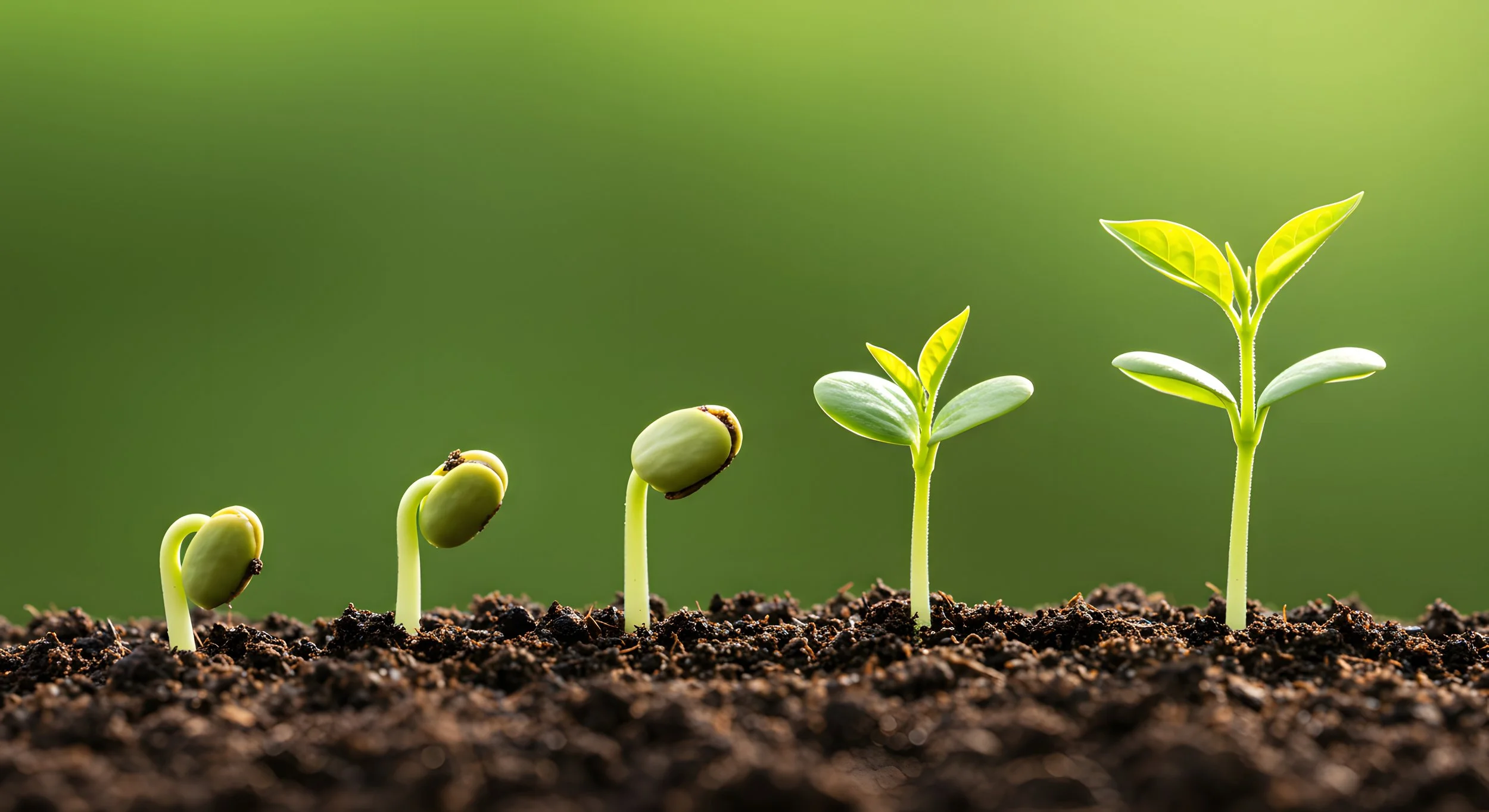 Sequential stages of seedling growth from germination to mature plant with leaves against a green background.