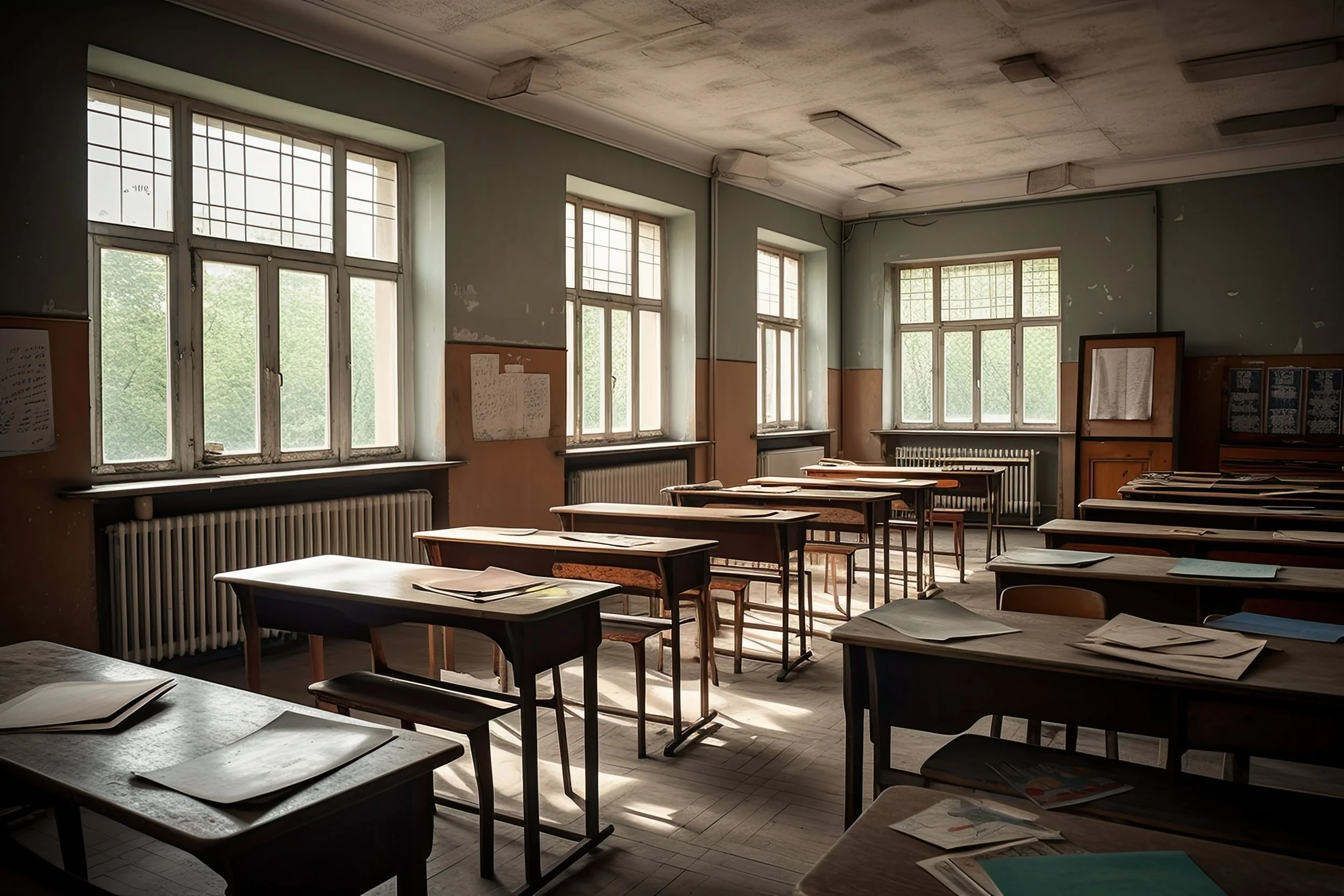 An empty classroom with multiple desks and chairs, large windows letting in natural light.
