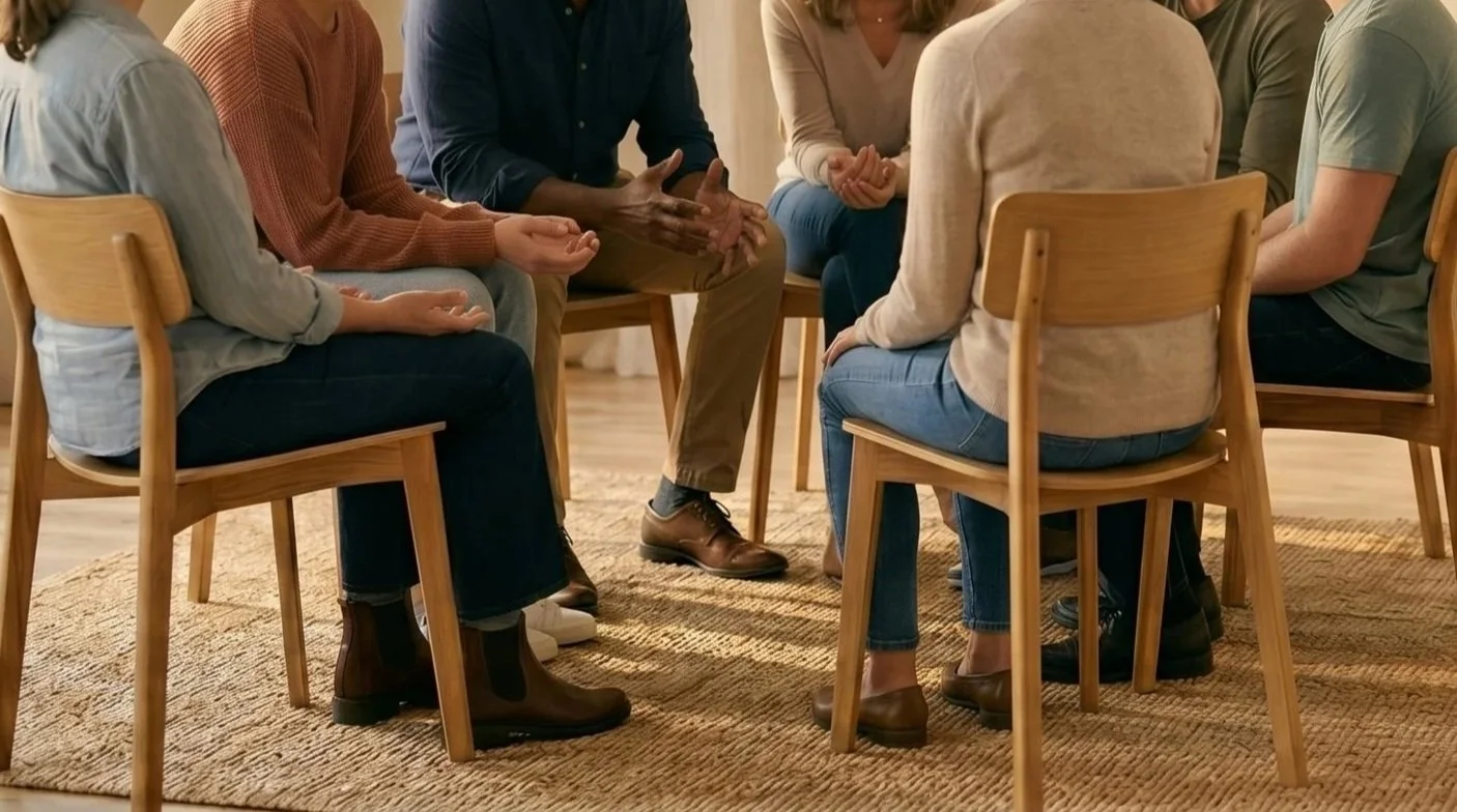 A group of six people sitting in a circle for therapy on wooden chairs, engaged in a discussion or support session in a warm, softly lit room.