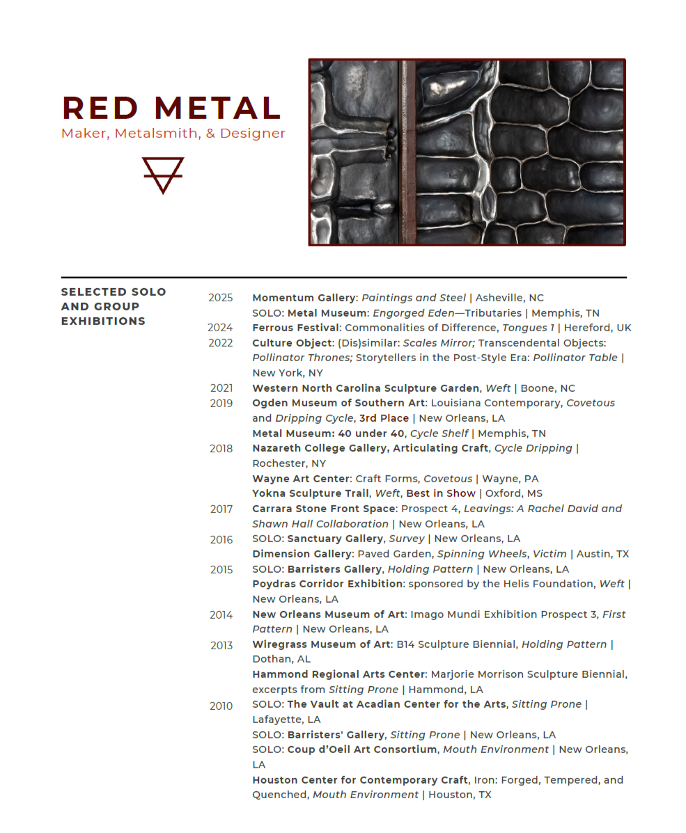 A CV/Resume titled 'Red Metal' featuring selected solo and group art exhibitions from 2010 to 2025. The document includes a photo of textured black metal with a rusty strip in the center, and lists venues and dates in black text.