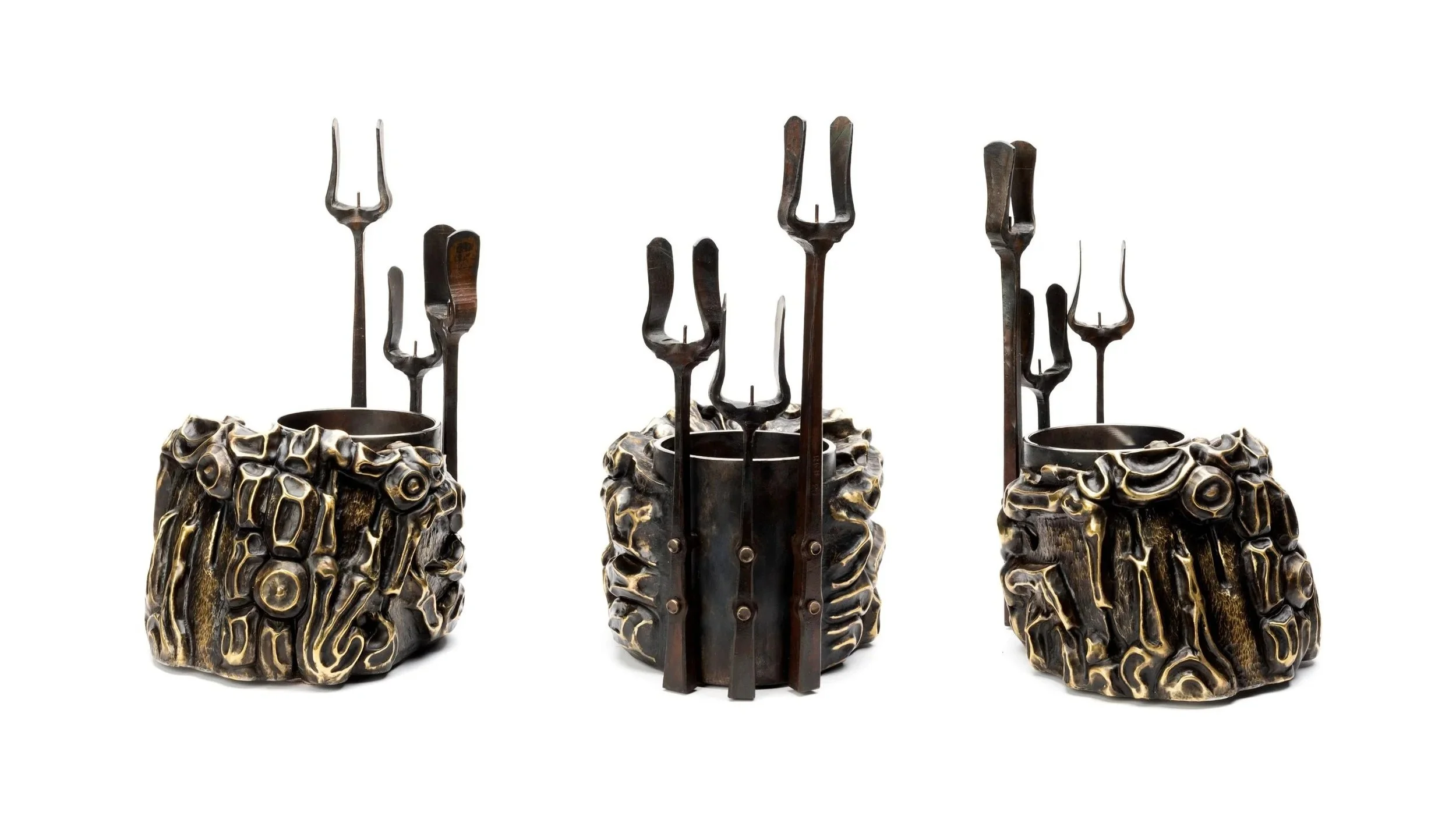 Three views of a formed brass vase resembling tree trunks with textured surfaces and a forked metallic structure emerging from the top, displayed against a white background.