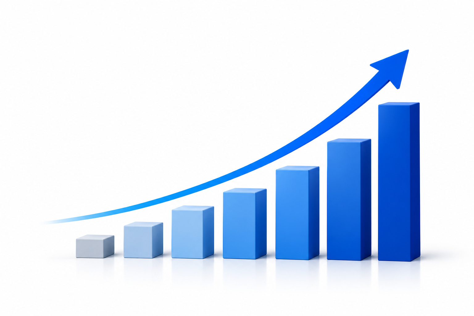 Blue 3D bar chart with ascending bars and an upward pointing arrow.