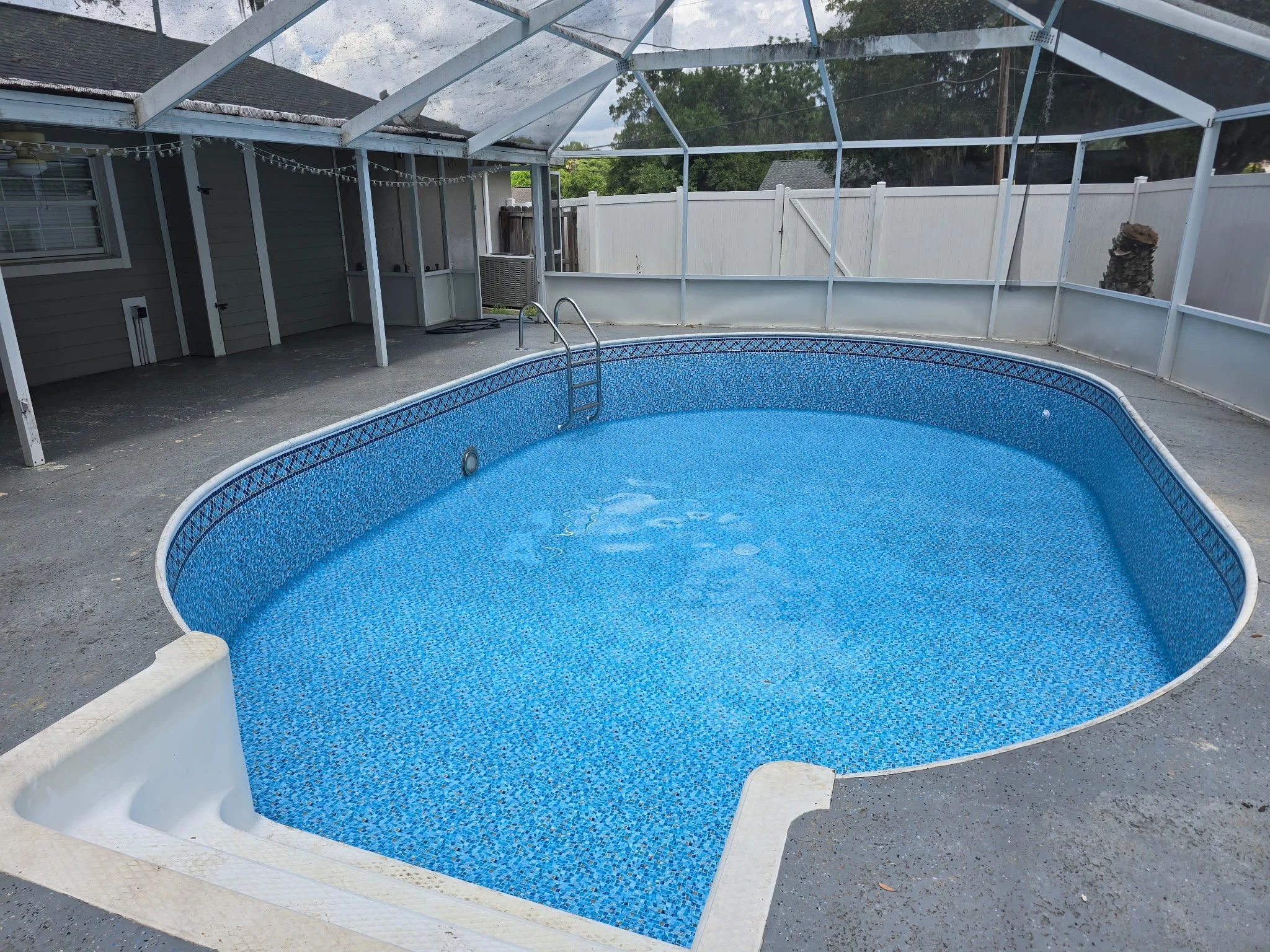 Inground swimming pool with blue mosaic liner inside a screened enclosure.