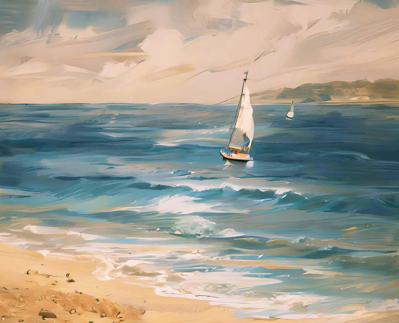 A peaceful painting of sailboats on the ocean near a sandy beach, representing support, healing, and online therapy for OCD, anxiety, and trauma.