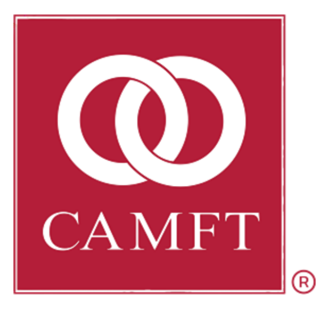 CAMFT Logo, red square with two interlocking white circles above the text 'CAMFT' in white capital letters.