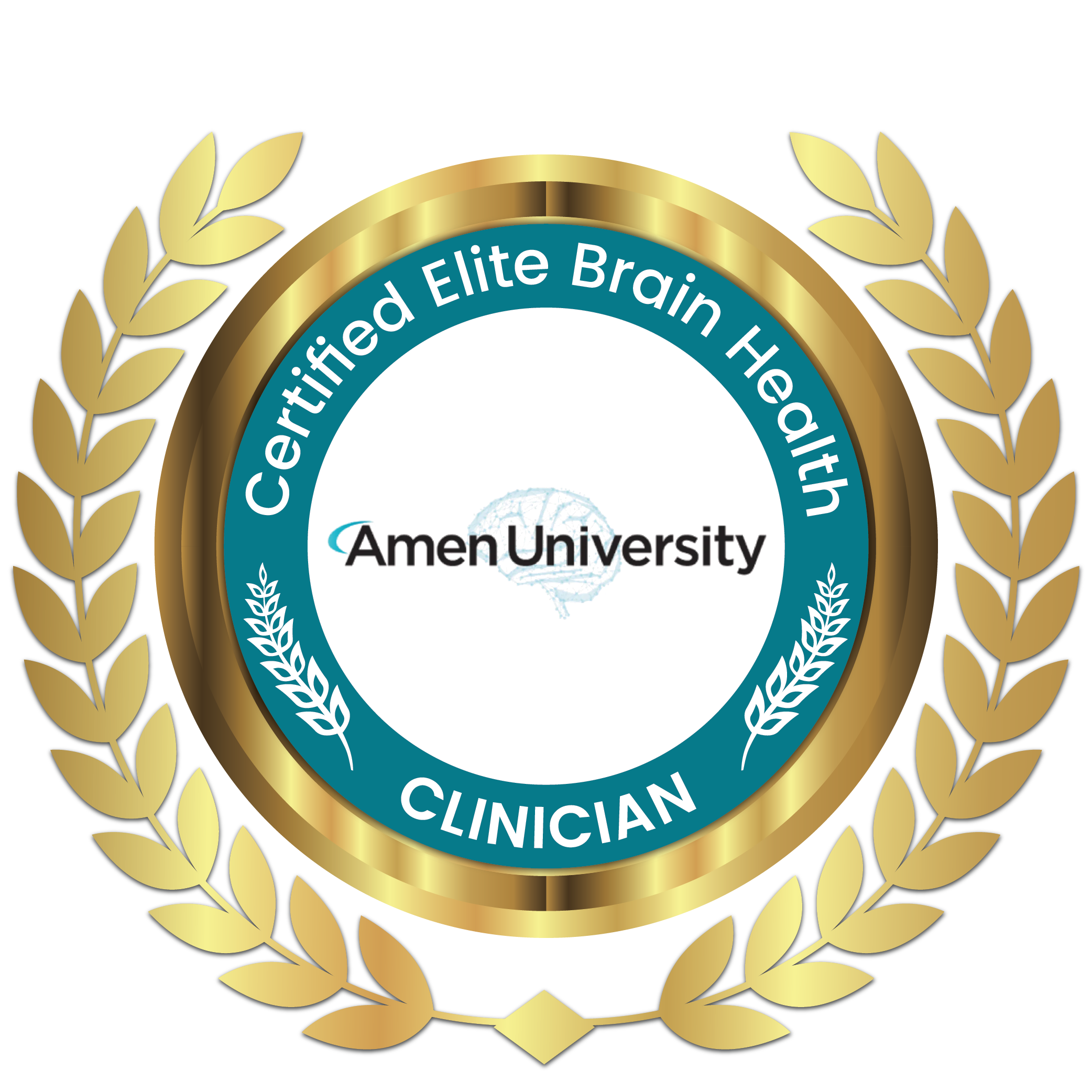 Certified Elite Brain Health, Amel University logo. A circular emblem with a gold laurel wreath border, blue inner circle with white text.