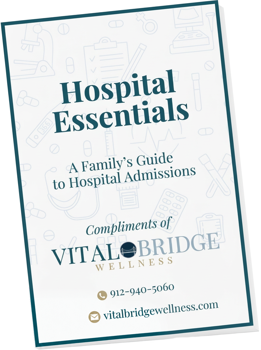 Flyer for a hospital essentials guide, featuring medical icons in the background, with contact information and a wellness company's logo.
