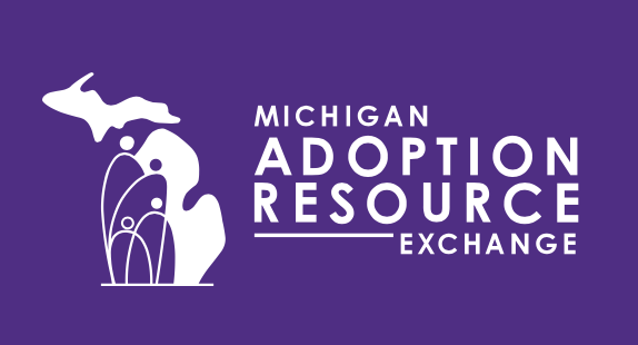 Logo for Michigan Adoption Resource Exchange featuring a stylized image of a family and an animal outline on a purple background.