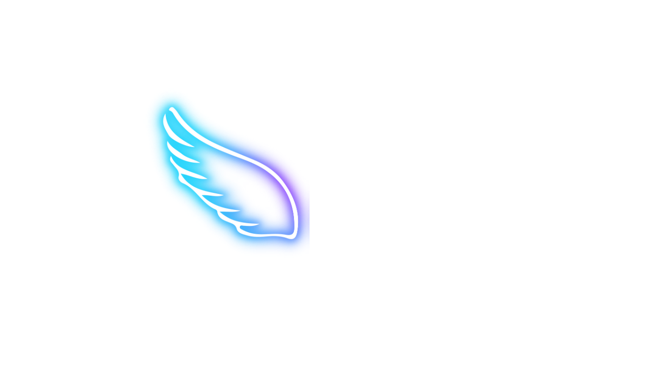 A neon sign of a hand with wings glowing in blue and purple colors.