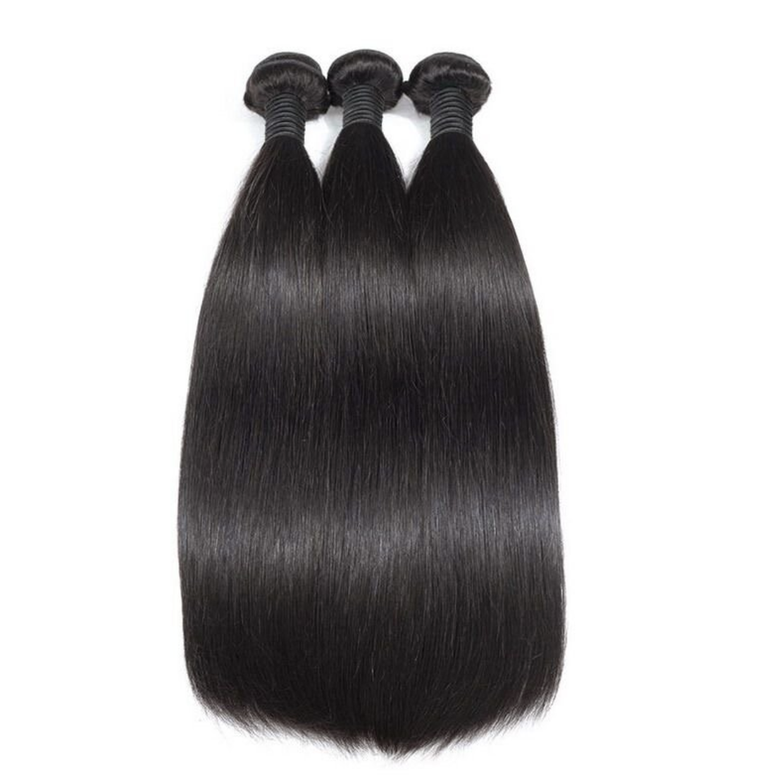 Three bundles of straight, black, shiny hair extensions with wrapped tops.