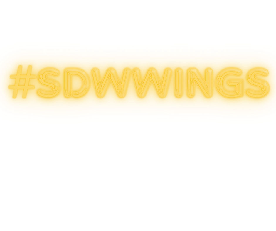 Graphic design featuring the words 'clients testimonials' and '#SDWWINGS' on a yellow background with neon-style text.
