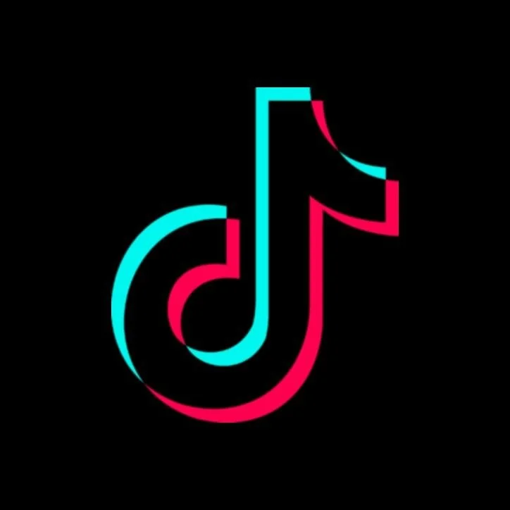 TikTok logo with a black background and blue and pink stylized musical note.