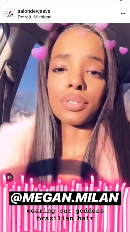 A woman with long, straight, Brazilian-style hair taking a selfie in a car with sunlight on her face. She has a slightly open mouth and is surrounded by pink heart filters and soundwave graphics.