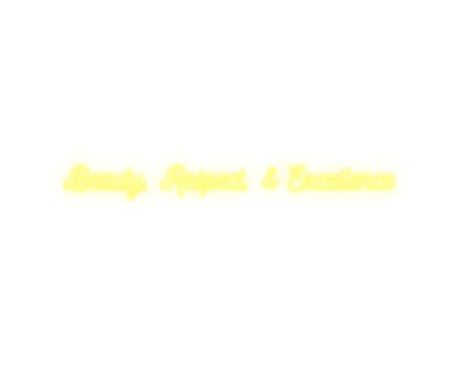 A logo with a black background and a yellow arrow-shaped banner containing the words 'Beauty, Respect, & Excellence' in white cursive font.