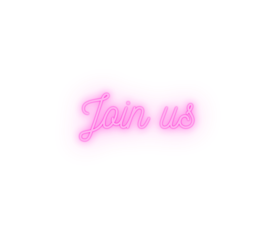 Neon pink sign with the words "Join us" in cursive, glowing against a black background.