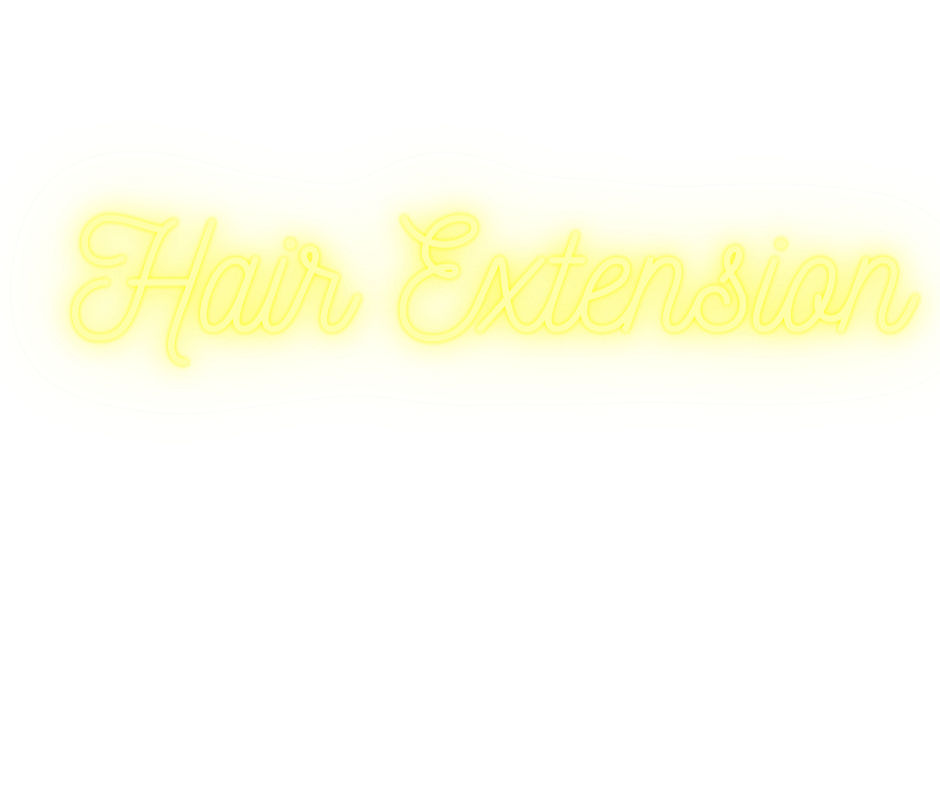 Neon sign with the words "Hair Extension" in cursive, glowing white on a yellow background.