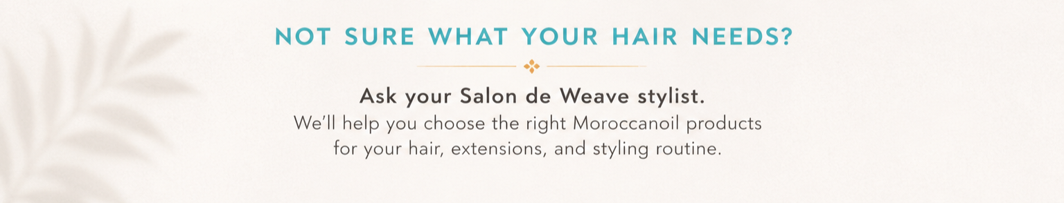 Salon de Weave stylist sharing hair product and styling advice, with a soft blurred palm leaf background.